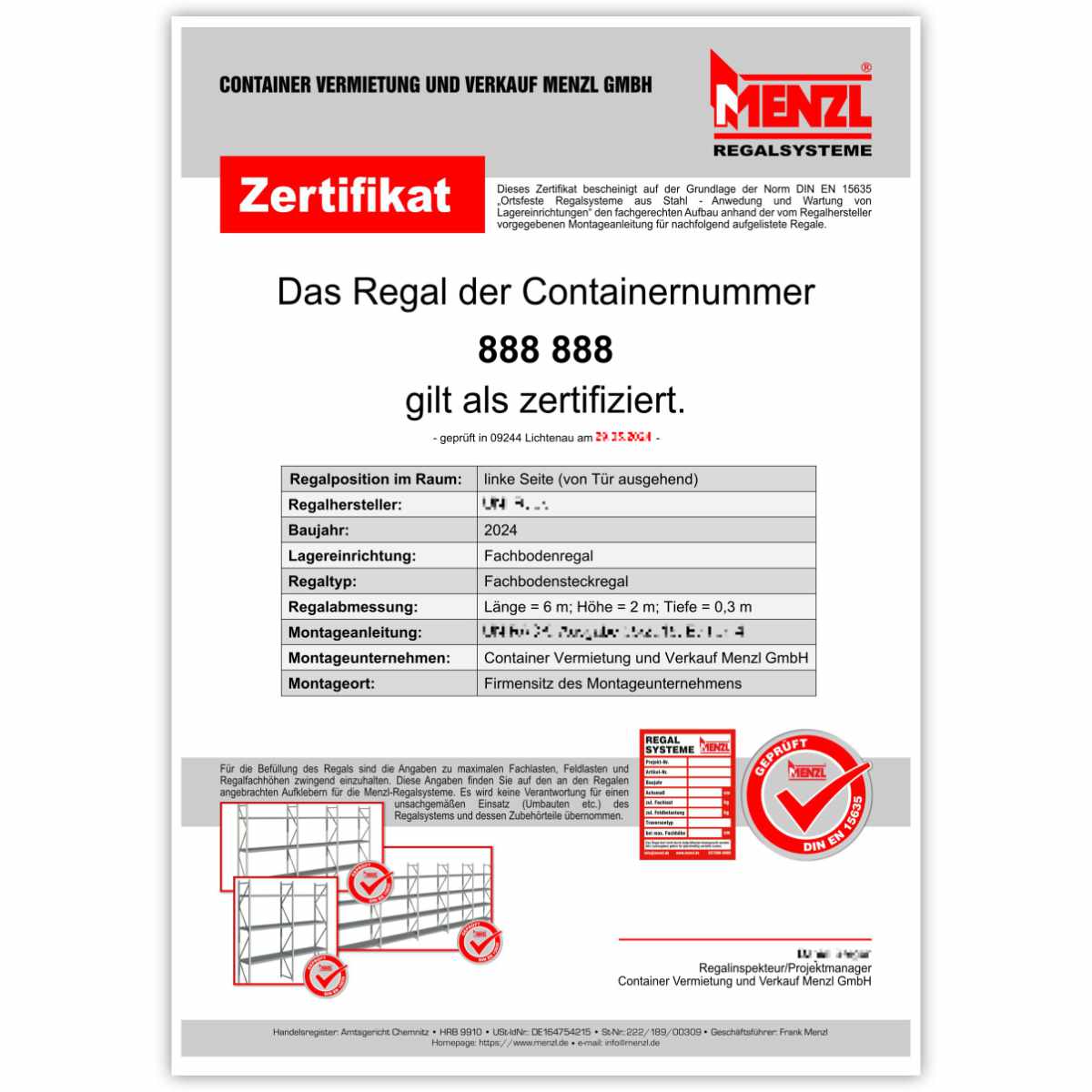 Zertifikat für Aktenregale im Archivcontainer - 600AR-EL-M